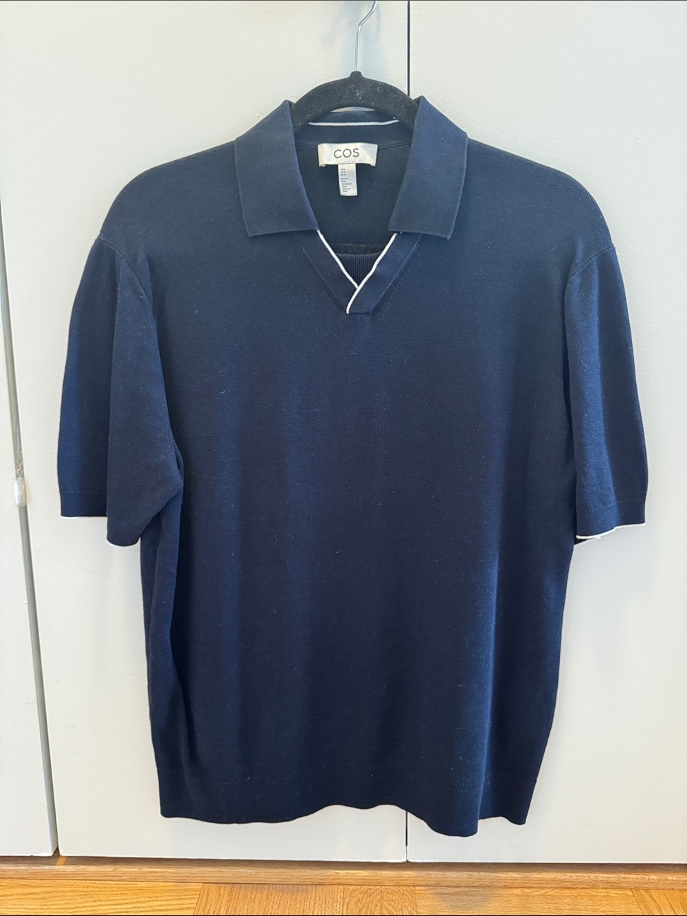 COS Navy Short-Sleeve Polo Knit with Subtle V-Notch